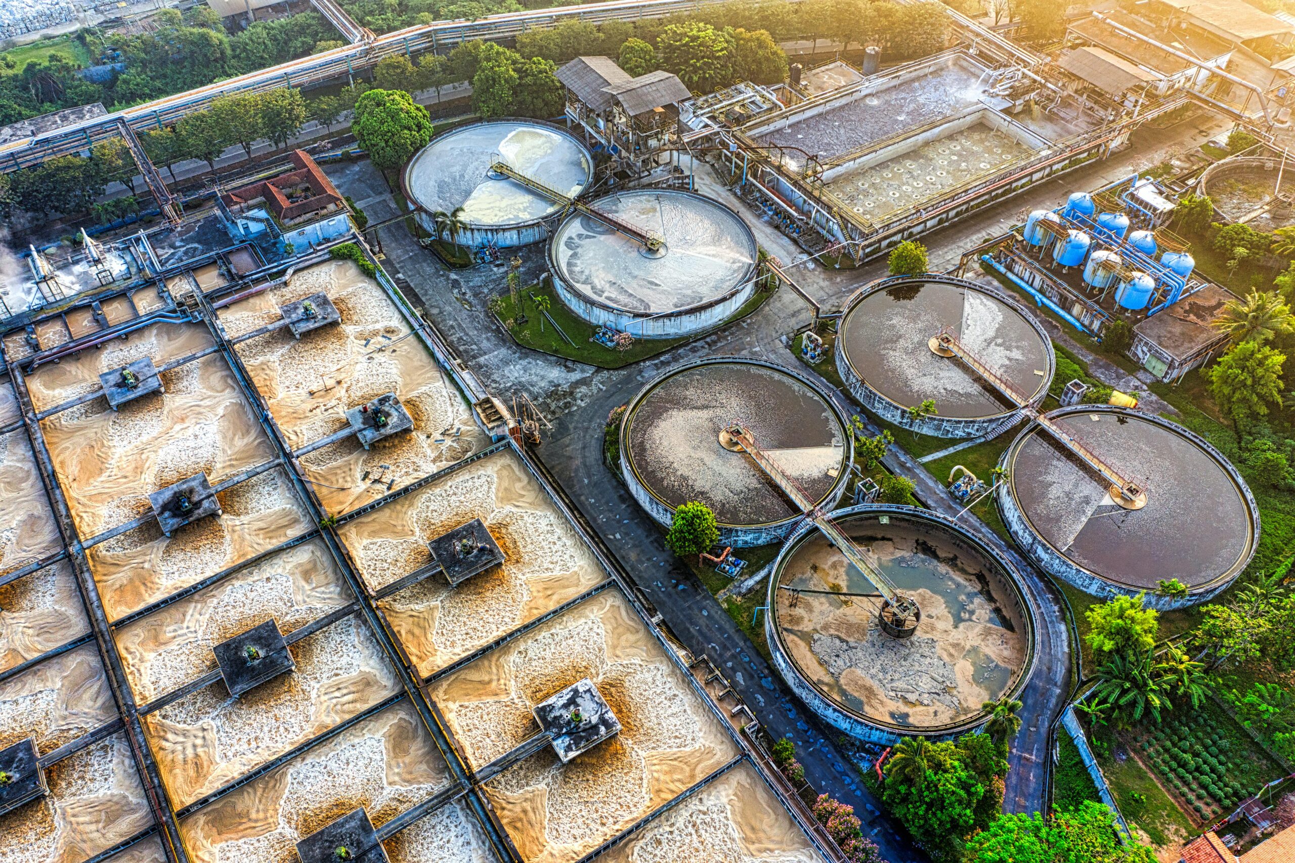 High-angle view of a water treatment facility in Serang, Indonesia during daytime.